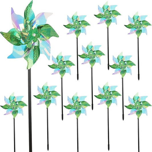 winemana 12 Pcs Reflective Pinwheels Outdoor, Wind Spinners for Yard & Garden, Sparkly Bird Repellent Windmill Scare Birds Away, Deterrent Devices for Outside Patio Lawn Spring Decor (Green)