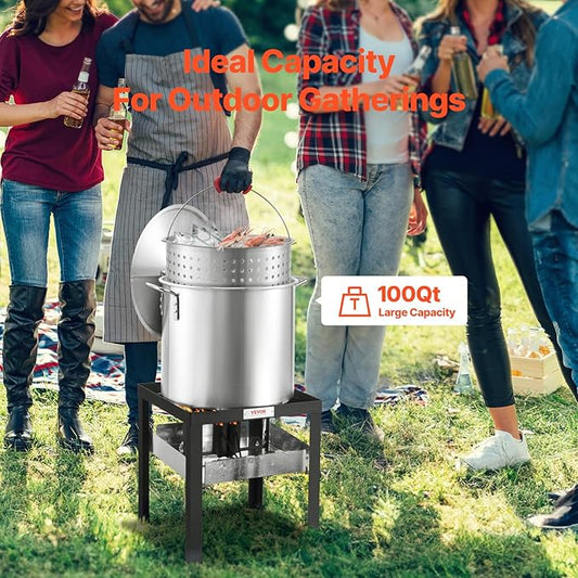 VEVOR 100 Qt Seafood Boiling Kit with Strainer, Outdoor Seafood Boil Pot and Basket, Cooking Set for Crab Crawfish Lobster Boiling, Aluminum Stockpot with 100,000 BTUs Propane Burner and Steamer Rack