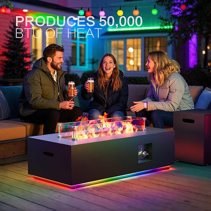 42" Outdoor Fire Pit Table, 50,000 BTU Gas Fire Pit with Glass Wind Guard, Fire Stones, Waterproof Cover, Propane Fire Pit Table for Outside Patio (RGB Light, Black)