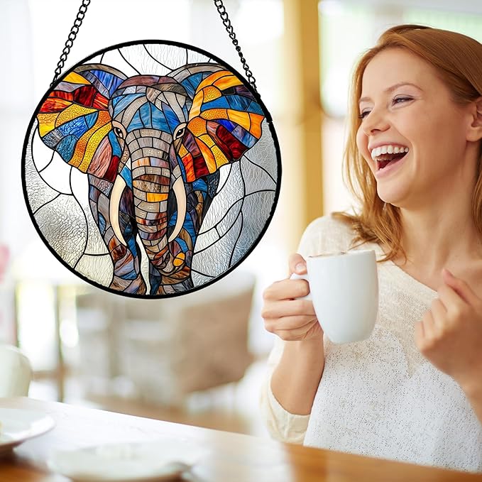 Stained Glass Window Hanging, Colorful Elephant Sun Catcher for Door Home Decor Animal Suncatcher Christmas Mother's Day Birthday Gifts for Women Men Mom and Nana 6.3 in
