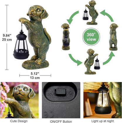 Dog Statue with Solar Lantern - 9.84 Inch Resin Solar Outdoor Lawn Yard Garden Decor - Unique Design Gifts for Women Mom Men (Copper)