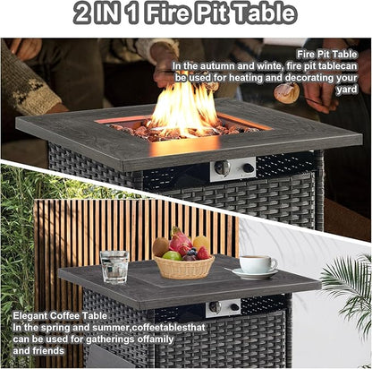 HUMMUH 7 Piece Patio Furniture with Fire Pit 30in 55,000 BTU,PE Wicker Outdoor Conversation Sets - Couch,Patio Chairs and Ottomans,Side Table for Porch,Garden,Backyard