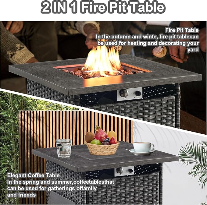HUMMUH 8 Piece Patio Furniture with Fire Pit,PE Wicker Outdoor Conversation Sets-6-Seater Sofa,Patio Swivel Chairs Outdoor Chairs, Propane Fire Pit,Side Table for Porch,Garden,Backyard