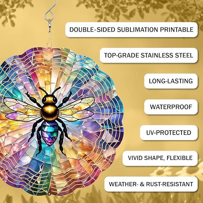 Bee Wind Spinner, 3D Hanging Stainless Steel Garden Spinner, Wind Spinner Hanging for Outdoor & Indoor Décor, Unique Gifts for Yard Garden Decoration or Patio Décor (Bee)