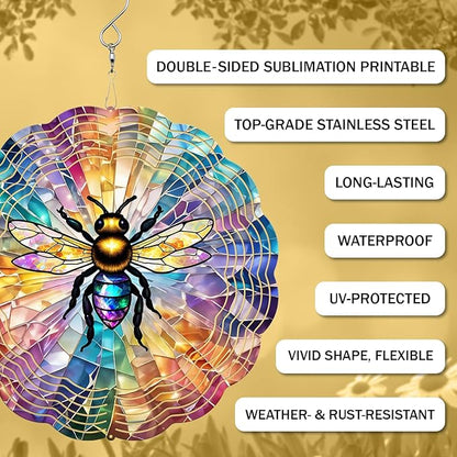 Bee Wind Spinner, 3D Hanging Stainless Steel Garden Spinner, Wind Spinner Hanging for Outdoor & Indoor Décor, Unique Gifts for Yard Garden Decoration or Patio Décor (Bee)