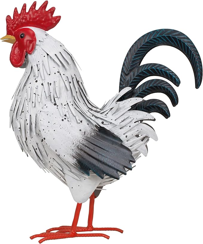 Rooster Garden Statue Sculpture Metal Chicken Yard Decor Outdoor Figurines Patio Backyard Decoration (White)