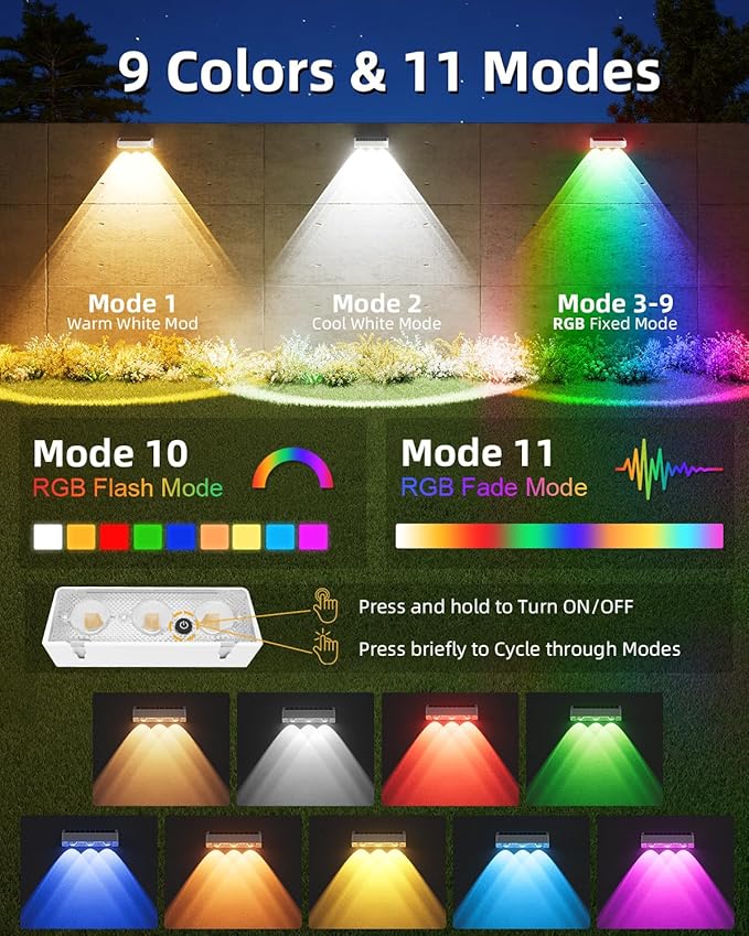 Solar Fence Lights Outdoor, 8 Pack, 9 Fixed Colors ＆ Color Changing LED Light Solar Powered Waterproof IP65 Dusk-to-Dawn Vinyl Fence Lights for Patio, Railing, Pool, Porch, Backyard, Wall