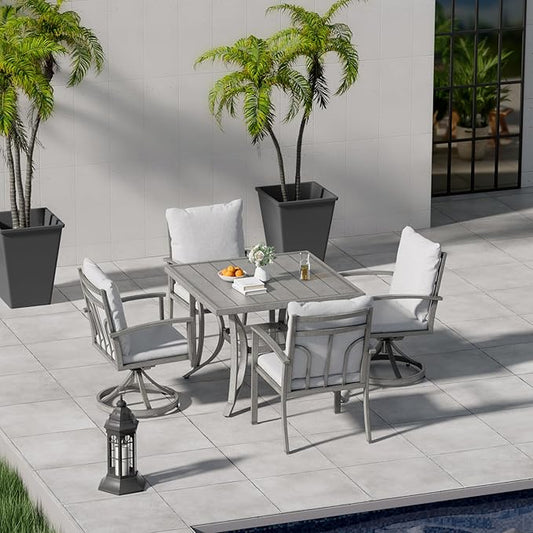 HAPPATIO 5-Piece Patio Outdoor Dining Sets - All Aluminum Outdoor Patio Table and Chairs Set for 4 Includes 1 Square Dining Table, 2 Dining Chairs, and 2 Swivel Dining Chairs, for Lawn or Garden