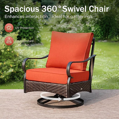 PHI VILLA Outdoor Modern Patio Furniture Set, Upgraded Wicker&Metal Patio Furniture Conversation Set with Waterproof Thick Cushions for Porch, Poolside, Deck, and Yard (5 Pieces,Red)