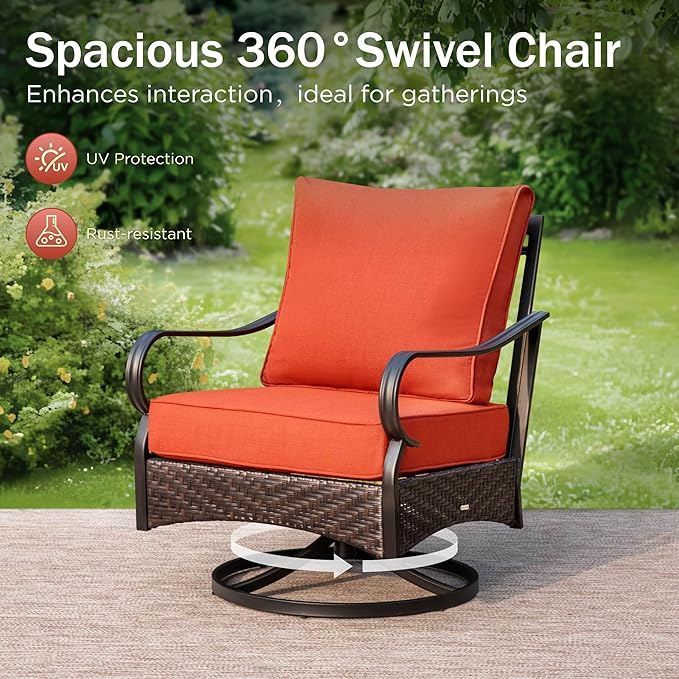 PHI VILLA Outdoor Modern Patio Furniture Set, Upgraded Wicker&Metal Patio Furniture Conversation Set with Waterproof Thick Cushions for Porch, Poolside, Deck, and Yard (4 Pieces,Red)