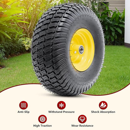15x6.00-6(4PR) Tubeless Tire and Wheel, 15-Inch Replacement Pneumatic Tires and Wheel with 3/4" Bearings Compatible with Hand Truck, Wheelbarrow, Wagon, Gorilla Carts (Yellow, 2PCS)
