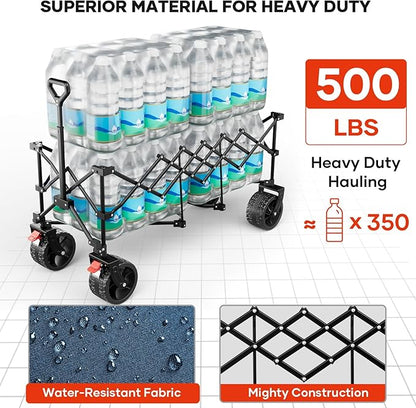 49" L Collapsible Extended Wagon with 500lbs Weight Capacity,300L Heavy Duty Sports Wagon,Big All-Terrian Wheels with Cup Holders,Cart for Sports,Grocery,Shopping(LightBlue)