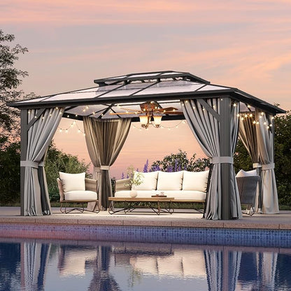 Aoxun 12'x14' Hardtop Gazebo, Aluminum Frame Permanent Pavilion with Netting and Curtains, Outdoor Polycarbonate Double Roof Canopy, Designed for Lawn, Garden, Patio (Gray)