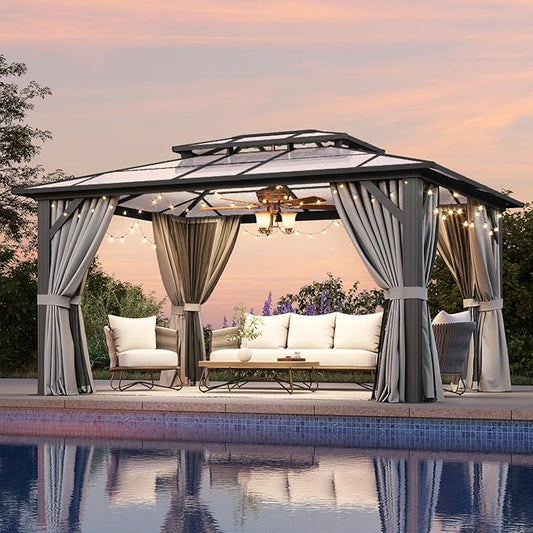 Aoxun 12'x14' Hardtop Gazebo, Aluminum Frame Permanent Pavilion with Netting and Curtains, Outdoor Polycarbonate Double Roof Canopy, Designed for Lawn, Garden, Patio (Gray)