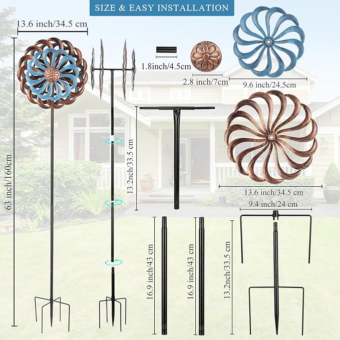 Metal Wind Spinners Outdoor, 14 Inch Dia Kinetic Wind Sculptures & Spinners with Stake, 61" H Windmill Yard Art Decor for Patio Lawn Garden, Copper Blue