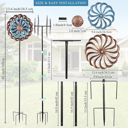 Metal Wind Spinners Outdoor, 14 Inch Dia Kinetic Wind Sculptures & Spinners with Stake, 61" H Windmill Yard Art Decor for Patio Lawn Garden, Copper Blue