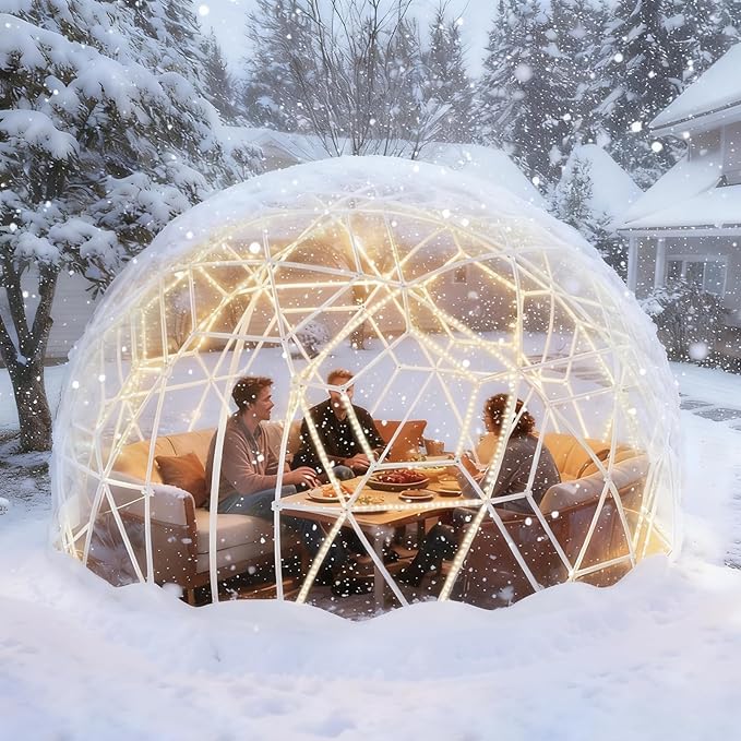 12FT Garden Dome Tent, Geodesic Dome Greenhouse with PVC Clear Cover, Waterproof Garden Bubble Dome Tent House with 2 x 10M Light Strings for Outdoor, Patio, Backyard, Party (White Edge, 15FT/4.6M)