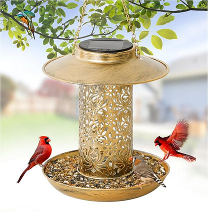 XDW-GIFTS Bird Feeder for Outdoors Solar Hanging Bird Feeder Bird House with Cardinal Feeder Large Capacity Metal Wild Bird Feeder for Garden Decor Unique Gifts & Patio Decor (Bronze, 8 INCH)