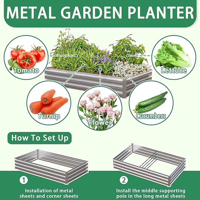 6x3x1 Ft Planter Raised Bed, Metal Planter Box, Planters Small Antifreeze Greenhouse Kit for Outdoor Plants, Flower, Galvanized Garden Bed Planter Gardening Supplies