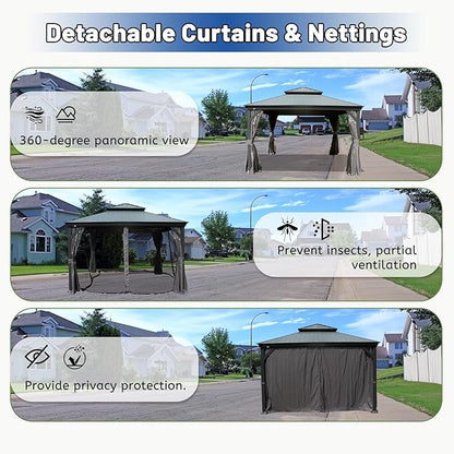 Outdoor Hardtop Gazebo for Patio 12x12FT with Resin-Galvanized Steel Roof, Metal Hard Top Gazebo with Gutters, Heavy Duty Gazebos All Season with Curtains & Netting, for Deck, Backyard, Hot Tub