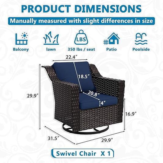 Vista Vibe Outdoor Patio Deep Seat Luxurious Chair - 360 Degree Swivel Glider Rocker Chair with Washable Cushions, Hand-Woven & All-Weather PE Rattan, Balcony, Yard (Brown/Navy)