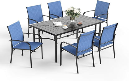7 Pcs Patio Dining Set for 6, Rectangular Metal Dining Table with Umbrella Hole and 6 Chairs, Outdoor Table and Chairs Set for Lawn Garden Backyard and Deck, Blue