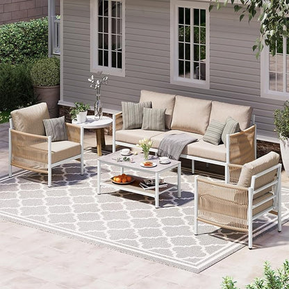 Aluminum Outdoor Patio Furniture Set, HDPE Rope 4 Piece Modern Sectional Conversation Sets with Dual-Layer Coffee Table, All Weather Patio Couch Set with Thick Cushions, White Frame, Ivory