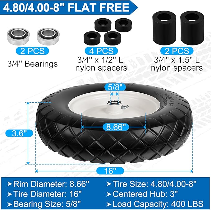 4.80/4.00-8" Flat Free Wheelbarrow Tire and Wheels, 16" Universal Fit Solid Tire with 5/8" or 3/4" Bearing, 3"-7" Hub, Adapter Kit Hand Truck Wheel Replacement for Garden Trailer, Wagons, 1 PCS