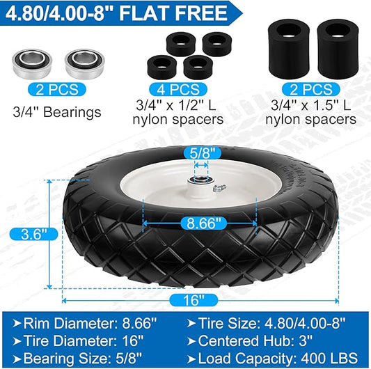 4.80/4.00-8" Flat Free Wheelbarrow Tire and Wheels, 16" Universal Fit Solid Tire with 5/8" or 3/4" Bearing, 3"-7" Hub, Adapter Kit Hand Truck Wheel Replacement for Garden Trailer, Wagons, 1 PCS