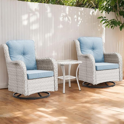 Luxury Wicker Swivel Patio Chairs Set of 3, Outdoor Swivel Rocking Chairs with Side Table, Outdoor Bistro Set for Patio, Porch, Yard, Deck, Poolside, Light Beige/Ligth Blue