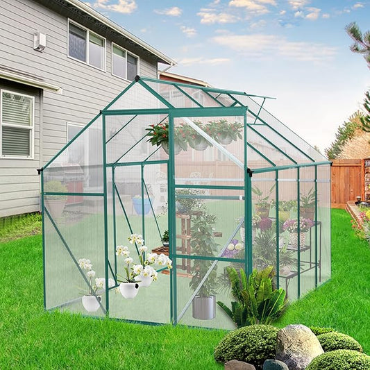 6x8 FT Polycarbonate Walk-in Greenhouses,Heavy Duty Hobby Green House,Storage Shed with Sliding Doors & Adjustable Roof Vent,Aluminum Sunroom Hot Houses for Outdoor Garden Backyard