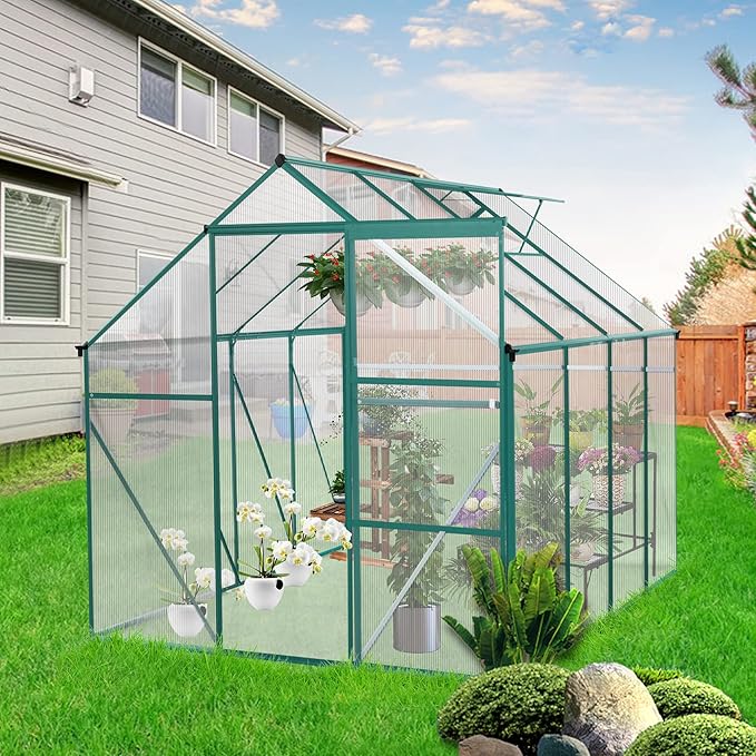 6x8 FT Polycarbonate Greenhouse with Sliding Door and Adjustable Roof, Heavy Duty Aluminum Walk-in Greenhouses w/ Raised Base for Outdoor Garden Backyard,Green