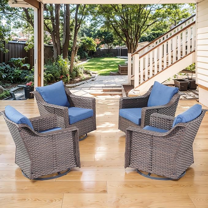 Outdoor Patio Wicker Swivel Chairs - Set of 4 Outside Rattan Rocker Glider Chair Rocking Armchairs for Front Porch Balcony Backyard Yard Deck Poolside Apartment – Brown/Blue