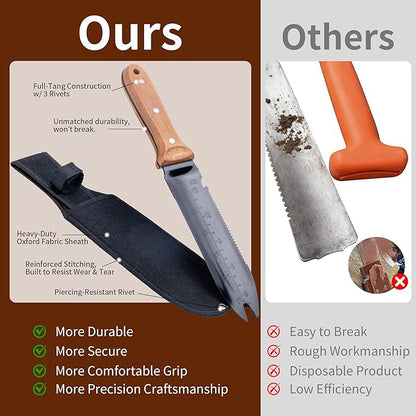 WILLKOMMEN Hori Hori Garden Knife- Garden Tools with Oxford Cloth Sheath, 7" Stainless Steel Blade,Full Tang Beechwood Handle, Ideal for Transplanting, Division, Weeding & Root Care (Forked Tip)