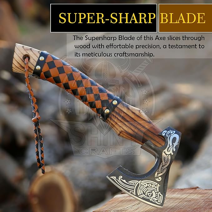 SHINY CRAFTS®- Handmade Viking Axe – Unique Gift for Him Engraved Carbon Steel Hatchet with Leather Sheath for Dad, Husband, Outdoorsman (SCA-03)