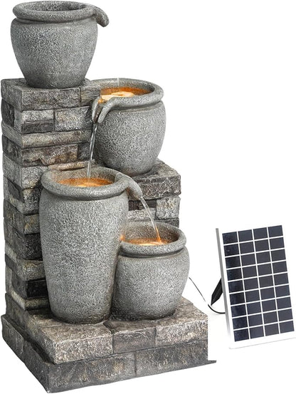 Teamson Home 30.7" 4-Tier Cascading Bowl Solar Powered Water Fountain for Outdoor Living Spaces, Gray
