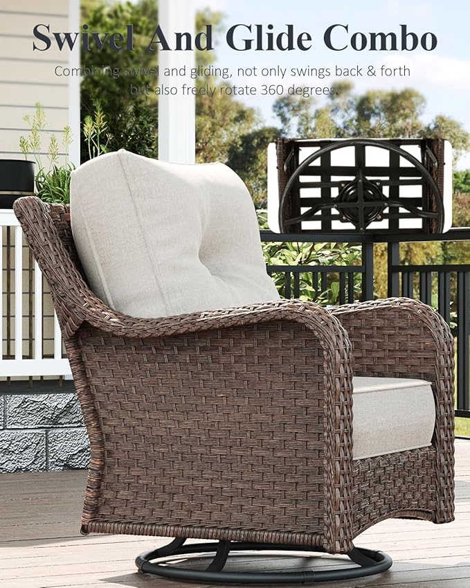 LayinSun 7 Piece Wicker Outdoor Furniture Set with 6-inch Comfy Cushions, High Back Patio Furniture Set with Swivel Rocking Chairs and Side Table
