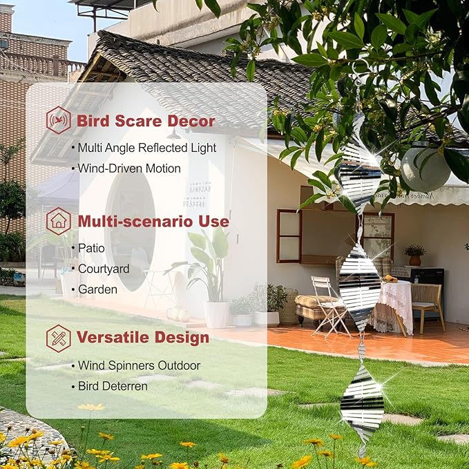 DELAVIDA Stainless Steel Bird Scare Devices, 3D Wind Spinners Outdoor, 9 Discs Set, Reflective Decor to Keep Swallow Pigeon Sparrow Away from House Patio Garden (Fish Bone)