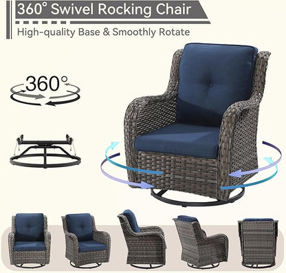 6 Pieces Outdoor Furniture Set - Patio Wicker Swivel Rocker Chair Set of 4 and 2 Side Table, Blue, Mixed Brown Rattan, Suitable for Porch, Yard