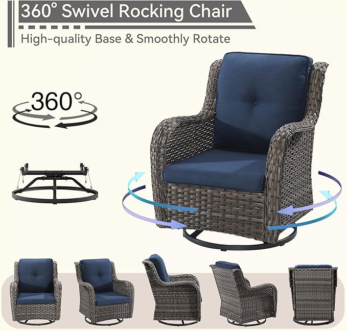 5 Pieces Outdoor Patio Furniture Set - Conversation Set Includes Wicker Swivel Rocker Chairs Set of 2, 2 Ottoman, 3 Seat Sofa, Suitable for Porch, Yard, Mixed Brown Rattan, Blue