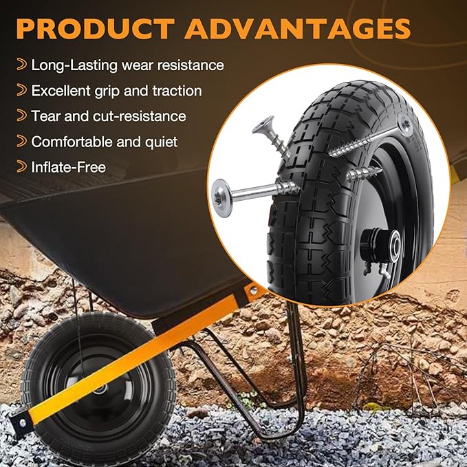 HQPASFY 14.5" Flat Free Tire 4.80/4.00-8 Wheelbarrow Tire and Wheel, 3" Centered Hub, 5/8" & 3/4" Bearings Replacement for Wheelbarrows, Garden Carts, Dump Carts, Lawn Equipment
