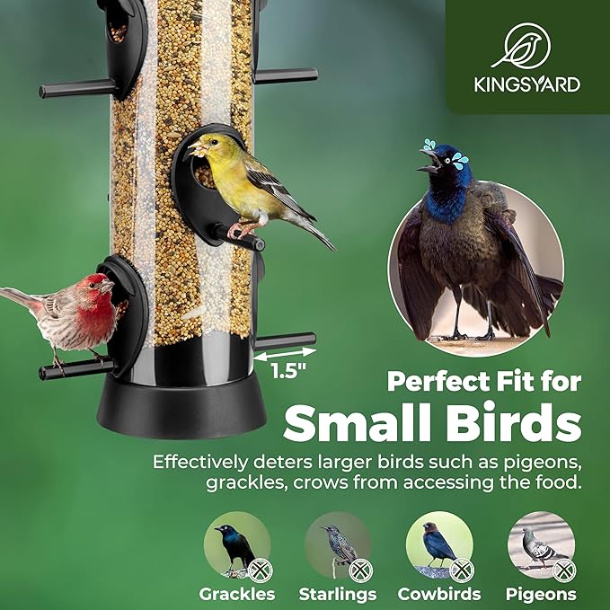 Kingsyard 6 Ports Tube Bird Feeder for Outdoors Hanging, Removable Base and Perch, Easy to Clean & Refill, Premium Hard Plastic, Attracting for Finches Cardinals Bluebirds (Black)