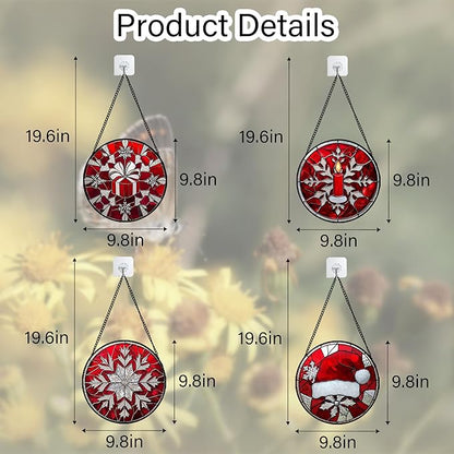 Stained Glass Window Hanging 4 Pcs Set Red Christmas Decorations Theme 9.8" - Suncatcher Door Garden Sun Catcher Decor Birthday for Mom Woman Nana Men Friend Wife