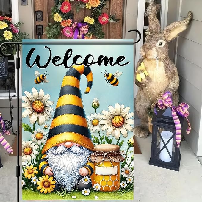 Welcome Spring Garden Flag Daisy Honey Garden Decoration 12x18 Double Sided Garden Outdoor House Spring Yard Flags for Outdoor Lawn and Patio Seasonal Farmhouse Flag