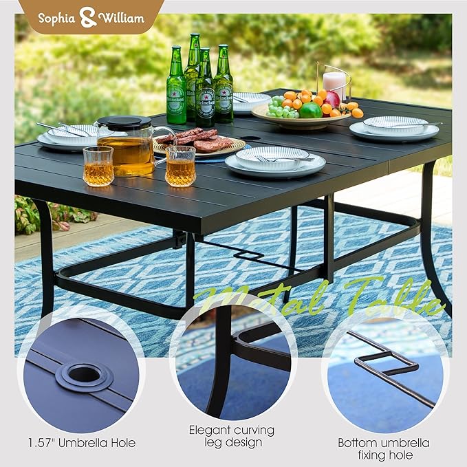 Sophia & William Patio Set with Umbrella 8 Pieces Outdoor Dining Set for 6 with 13ft Large Patio Umbrella Navy, 6 x Swivel Patio Chairs with 59" Dining Table for Lawn Garden