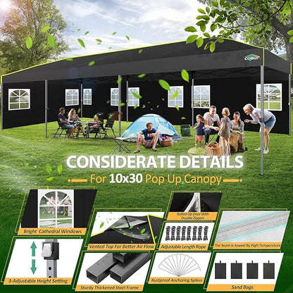 COBIZI 10x30 Pop Up Canopy Tent with Sidewalls - Party Outdoor Wedding Event for Parties - UPF 50+ Windproof Waterproof Gazebo with Air Vent, Wheeled Bag, Sandbag, Stake, Rope (Black)
