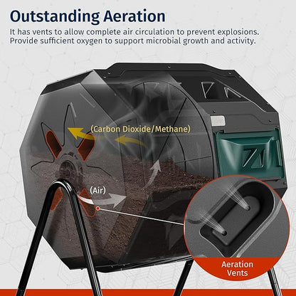 East Oak Compost Tumbler Outdoor, 43-Gal Dual Chamber Compost Bin with 2 Sliding Door and Aeration System, Tumbling Rotating Composter Bin for Garden, Kitchen, Yard
