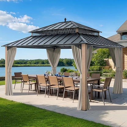 SUNJOY Kingston 14' x 12' Hardtop Gazebo with Galvanized Steel Double Roof, Curtain and Netting, Woodgrain Finish Aluminum Posts Permanent Pavilion Gazebo for Garden, Patio, Deck, Lawn