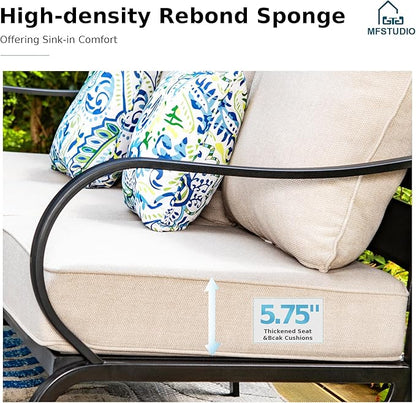 MFSTUDIO 5 Pieces Patio Conversation Sets,Outdoor Metal Furniture Sofas with 1 x 3-Seat Sofa, 2 x Rocking Chairs,2 x Ottoman,Wrought Iron Frame with Beige Cushion for Patio Courtyard Balcony