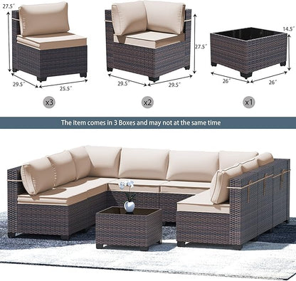 Outdoor Patio Furniture Set, 9 Pieces Outdoor Furniture All Weather Patio Sectional Sofa PE Wicker Modular Conversation Sets with Coffee Table,8 Chairs & Seat Clips(Brown)
